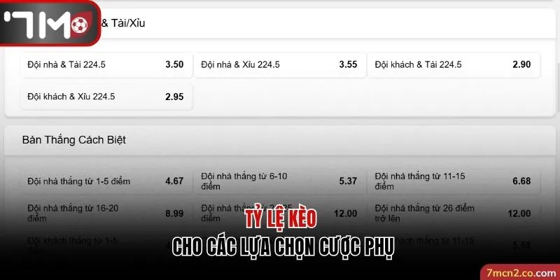 Tỷ lệ kèo cho các lựa chọn cược phụ